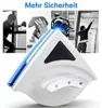 Weißer und blauer magnetischer Fensterreiniger mit schwarzen Reinigungspads, gezeigt mit einer Collage von Personen, die Fenster reinigen Náhľad obrázku produktu