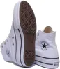 A pair of white high-top Converse sneakers are shown from a low angle, with one shoe's sole prominently displayed. Voir les images du produit