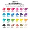 Swatches of 24 different colors of pens, with German text describing the product. Produktbild-Vorschau