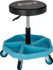 A rolling mechanic's stool with a black padded seat and a turquoise hexagonal base with compartments. Anteprima dell’immagine prodotto