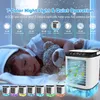 A child sleeping next to a portable air cooler, with feature callouts. Produktbild-Vorschau
