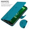 A teal flip case for a Motorola phone is shown open, displaying the phone's screen. Náhľad obrázku produktu