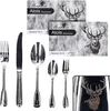 A set of cutlery and packaging for a cutlery set, featuring a stag motif. Podgląd zdjęcia produktu