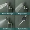 A collage of four images showing different shower head spray patterns and functions. Produktbild-Vorschau