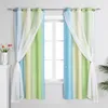 Two gradient curtains with sheer overlays are hung on a window rod, framing a window. Produktbild-Vorschau