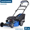 A blue and black Hyundai self-propelled lawnmower with a grass catcher is shown against a white background. Produktbild-Vorschau