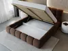 A brown upholstered bed with its storage compartment open, revealing the slatted base and white interior. Produktbild-Vorschau