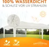 A white canopy tent is set up in a grassy outdoor area, with graphics highlighting its waterproof and UV protection features. Produktbild-Vorschau