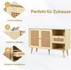 A product image showcasing a wooden sideboard with rattan details, accompanied by feature callouts. Náhled obrázku produktu