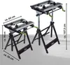 Two adjustable workbenches of different heights are shown side-by-side against a light gray background. Dimensions are indicated with text overlays. Produktbild-Vorschau