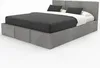 A gray upholstered bed with a dark gray comforter and two dark gray pillows on a white background. Náhled obrázku produktu