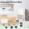 A robotic vacuum cleaner and its charging station are shown with marketing text and diagrams highlighting the features of disposable vacuum bags. Anteprima dell’immagine prodotto