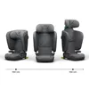 Three views of a gray car seat are shown side-by-side, with a line indicating size measurements. Produktbild-Vorschau