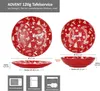 A display of red Christmas-themed plates and bowls with dimensions and care instructions. Produktbild-Vorschau