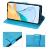 A collage of images showing a blue flip phone case with a smartphone inside, and close-up details of the case. Produktbild-Vorschau