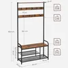 A diagram showing the dimensions and weight capacities of a coat rack and shoe bench. Náhled obrázku produktu