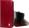 A red leather wallet case for an iPhone, shown open with the phone inside and propped up. Anteprima dell’immagine prodotto