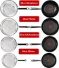 A collage of four different Tefal pans, showing the top and bottom views of each pan, with descriptive labels. Produktbild-Vorschau