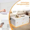 A collage of images showcasing a white coffee table with LED lighting, highlighting its features like protective film and ease of cleaning. Náhled obrázku produktu