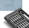 A close-up view of a precision screwdriver set with various bits laid out in a case, with a chart of bit types and sizes visible in the upper portion of the image. Produktbild-Vorschau