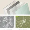 A layered diagram showing different types of glass, followed by two comparison images of broken glass, one labeled 'Andere' (Others) and the other 'Unsere' (Ours). Produktbild-Vorschau