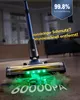 A cordless vacuum cleaner is shown in action on a carpeted floor, with green lights illuminating the area it is cleaning. Produktbild-Vorschau