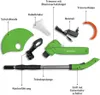 An exploded view of a cordless grass trimmer and its accessories, with labels in German. Produktbild-Vorschau