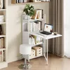 A compact white desk and bookshelf unit with a laptop, books, and a stool. Produktbild-Vorschau