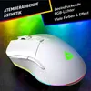A white gaming mouse with RGB lighting is shown on a dark surface with a colorful, abstract background and promotional text overlays. Produktbild-Vorschau