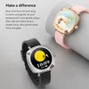 Two smartwatches are displayed, one with a rose gold dial and pink strap, and another with a silver dial and black strap. Text describes the features and aesthetics of the watches. Produktbild-Vorschau