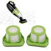 A handheld vacuum cleaner and two replacement filters are shown against a patterned background. Voir les images du produit