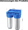 A diagram showing the dimensions of a two-stage water filter system. Produktbild-Vorschau