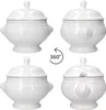 A collage of four images showing a white ceramic soup tureen from different angles, with a 360-degree rotation icon. Produktbild-Vorschau