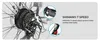 Close-up of an e-bike's rear wheel hub and gears, with inset images of the shifter and brake caliper, accompanied by text describing the Shimano 7-speed system. Produktbild-Vorschau