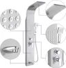 A stainless steel shower panel with multiple functions, including a rainfall showerhead, handheld shower, body jets, and a bathtub faucet. The image includes close-up insets highlighting specific features. Podgląd zdjęcia produktu