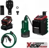 A collection of items for a Parkside 20V battery-powered rain barrel pump system, including the pump, battery, charger, hose, and accessories, arranged on a white background. Produktbild-Vorschau
