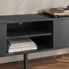 Close-up of a dark gray TV stand with two shelves and two cabinet doors. Books are on the lower shelf, and a record player is on the top surface. Anteprima dell’immagine prodotto