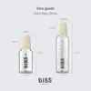 A size guide for BIBS glass baby bottles, showing two different sizes with dimensions and capacities. Anteprima dell’immagine prodotto