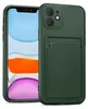 A dark green iPhone 11 case with a card slot is shown next to an iPhone 11.
