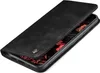 A black flip-style phone case is shown from a diagonal angle, with the cover partially open to reveal the phone screen inside. Produktbild-Vorschau