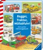 A collage of various vehicles, including a fire truck, excavator, garbage truck, cement mixer, airplane, combine harvester, and tractor, with the title 'Bagger, Traktor, Müllabfuhr!' and subtitle 'Mein großes Fahrzeugbuch'. Anteprima dell’immagine prodotto