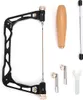A set of woodworking tools, including a coping saw frame, a wooden handle, and spare blades, laid out on a white background. Produktbild-Vorschau