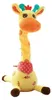 Gelbes Plüsch-Giraffenspielzeug mit orangefarbener Schnauze, roten und blauen Hörnern und einem roten Tupfentuch um den Hals Podgląd zdjęcia produktu