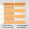 A split image showing two views of an orange roller blind. The left side shows a solid view, while the right side shows the alternating transparent and opaque stripes. Text descriptions are present below each view. Produktbild-Vorschau