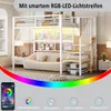 A loft bed with a sofa underneath, featuring RGB LED lighting and a smartphone app interface. Náhled obrázku produktu