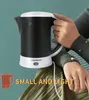 A person is holding a black and white electric kettle, with text overlay indicating it is small and light. Produktbild-Vorschau