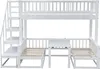 A white bunk bed with stairs, a desk, and two lower beds, shown against a white background. Produktbild-Vorschau