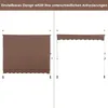 Two different configurations of a brown awning are shown against a white background. The left side shows the awning fully extended and covering a large area, while the right side shows it retracted and supported by poles. Podgląd zdjęcia produktu
