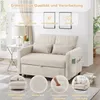 A beige sofa bed is shown in a living room setting, with decorative elements and text overlays highlighting its features. Produktbild-Vorschau