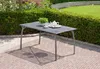 A rectangular outdoor table with a teapot and a plant on it, set on a brick patio with a hedge and lawn in the background. Produktbild-Vorschau